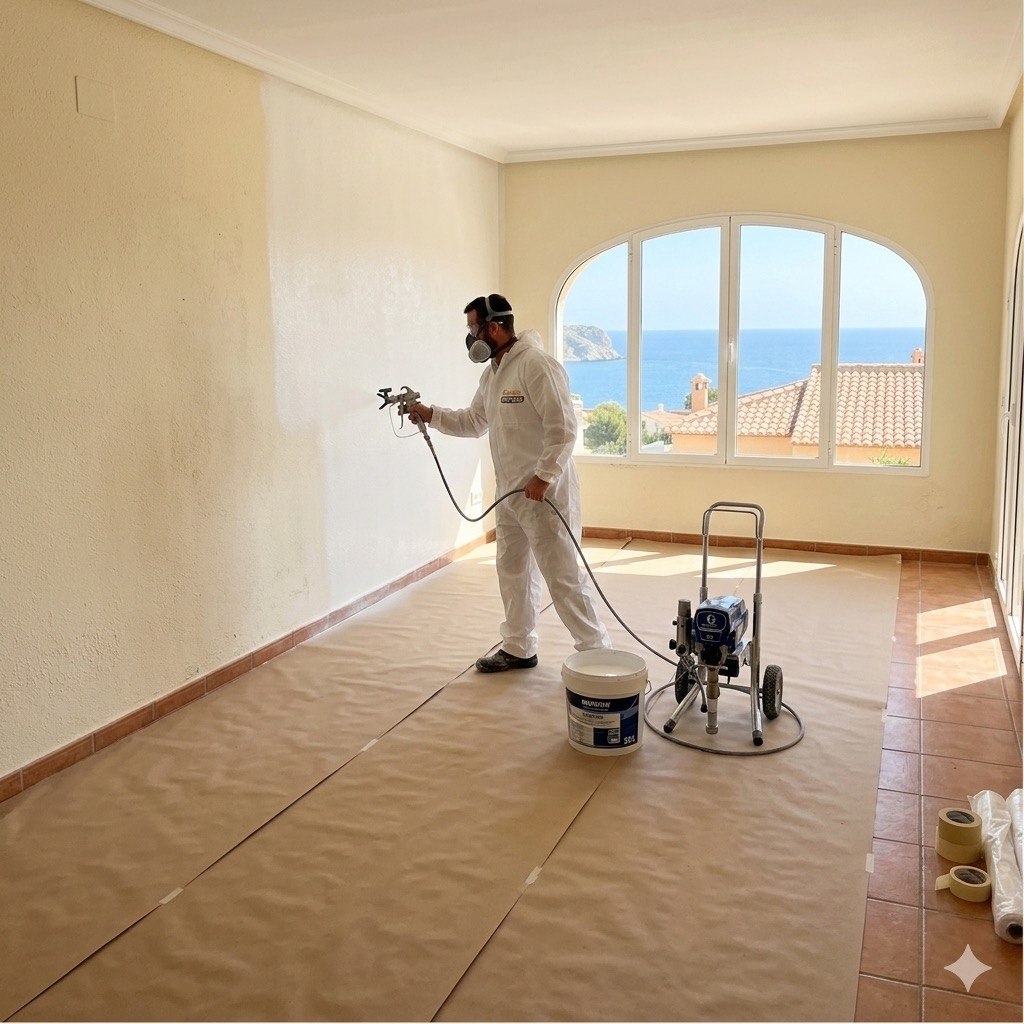 Airless interior painting — villa with Mediterranean sea view, Costa Blanca